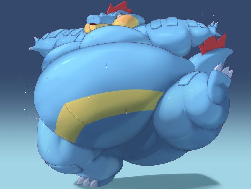 anthro arms_out belly big_belly bloated bodily_fluids cheek_bulge male morbidly_obese obese obese_male overweight overweight_male solo sweat thick_thighs unbalanced wobbling x_no_na_x yosioka_san nintendo pokemon alligator alligatorid crocodilian feraligatr generation_2_pokemon pokemon_(species) reptile scalie 4:3