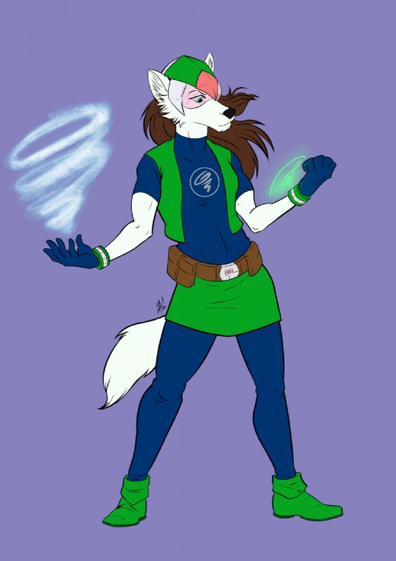 anthro armor brown_hair clothed clothing female footwear fur gloves green_eyes hair handwear headgear helmet mask simple_background solo superhero tight_clothing white_body white_fur amonomega jennifer_campbell canid canine canis mammal wolf 2018 digital_media_(artwork) hi_res