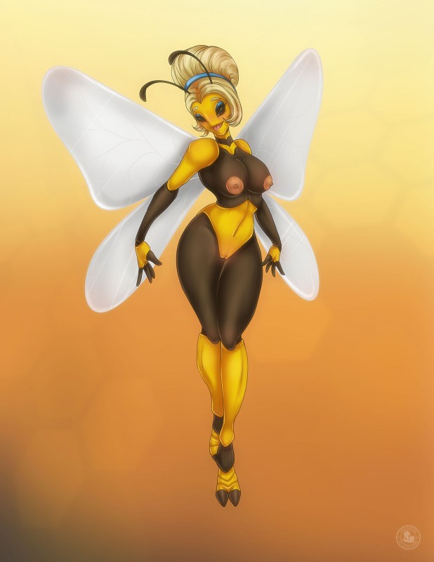 antennae_(anatomy) anthro blonde_hair blush breasts female genitals hair insect_wings lepidopteran_wings nipples non-mammal_breasts nude pussy solo wide_hips wings furrypinups_(artist) arthropod bee hymenopteran insect 2015 hi_res