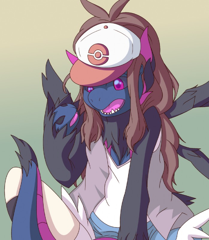 ambiguous_gender anthro baseball_cap brown_hair clothed clothing gradient_background hair hat headgear headwear long_hair open_mouth pose purple_eyes red_eyes simple_background solo teeth_showing three-quarter_view transformation yorusagi nintendo pokemon hilda_(pokemon) generation_5_pokemon human hydreigon mammal pokemon_(species) 2017 cel_shading digital_drawing_(artwork) digital_media_(artwork) half-length_portrait portrait shaded