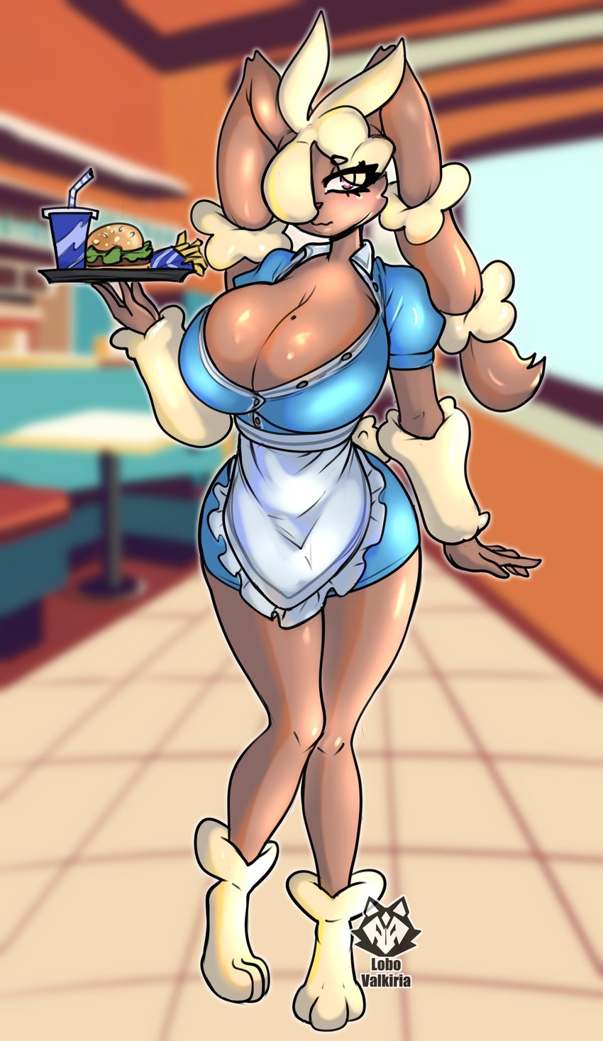 3_toes anthro barefoot big_breasts blue_clothing blue_dress blurred_background breasts brown_body brown_fur bulging_breasts burger cleavage clothed clothing dress drinking_straw eyelashes feet female food fur furniture glistening glistening_body holding_plate huge_breasts inside looking_at_viewer markings mole_(marking) mole_on_breast obstructed_eye outline pink_nose solo standing table thick_thighs toes waiter wide_hips lobovalkiria nintendo pokemon generation_6_pokemon mega_evolution mega_lopunny pokemon_(species) absurd_res hi_res