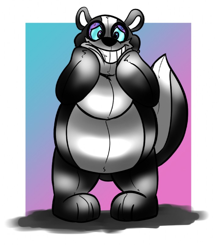 abstract_background anthro black_nose bodily_fluids clothing costume glistening latex male pink_eyes simple_background smile solo standing sweat teeth panapoliz august_(meowmcmeow) mammal mephitid skunk 2019 digital_drawing_(artwork) digital_media_(artwork)