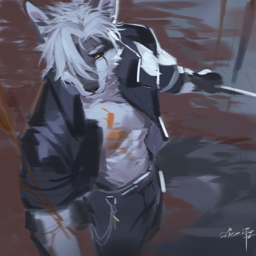 anthro black_sclera cheek_tuft chest_markings clothed clothing facial_tuft fur grey_body grey_fur hair jacket male markings mouth_closed open_clothing open_jacket open_topwear orange_markings short_hair solo standing topwear tuft white_body white_fur white_hair yellow_eyes awaldkize canid mammal 1:1 absurd_res hi_res