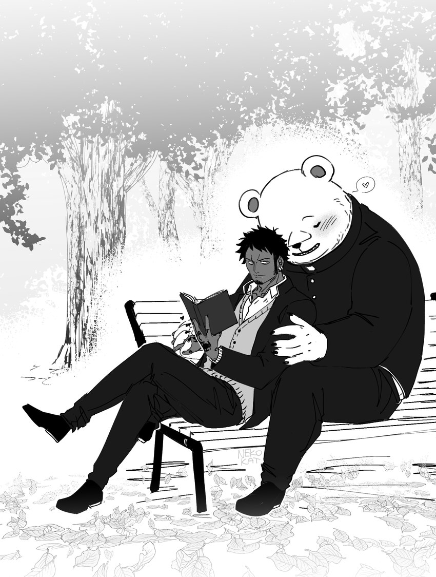 anthro bench blush book bottomwear clothing duo eyes_closed hug hugging_another hugging_from_behind male outside pants plant shirt sitting slightly_chubby tattoo topwear tree nekokat42 one_piece bepo_(one_piece) trafalgar_law bear human mammal minkmen_(one_piece) polar_bear ursine 2023 absurd_res hi_res monochrome