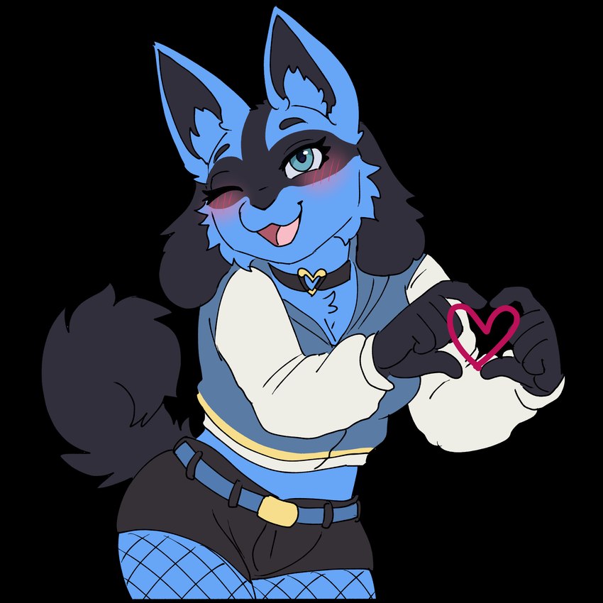 anthro blue_body blue_eyes blue_fur blush blush_lines bottomwear clothing collar cosplay cropped_hoodie cutoffs denim denim_bottomwear denim_clothing ears_up female fishnet_clothing fishnet_legwear fluffy fluffy_tail fur heart_symbol legwear one_eye_closed shorts solo tail wide_hips wink ketzel99 arc_system_works guilty_gear nintendo pokemon bridget_(guilty_gear) j0lt generation_4_pokemon lucario pokemon_(species) hi_res