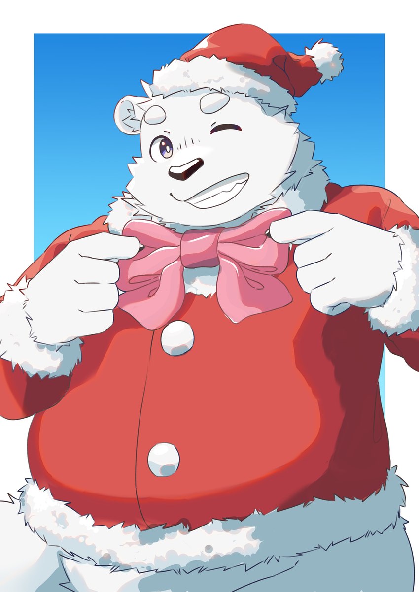 anthro black_nose bow_tie christmas_clothing christmas_headwear clothing fur hat headgear headwear holidays kemono male one_eye_closed overweight overweight_male santa_hat simple_background solo sweater topwear white_body white_fur wink penguin0700 christmas bear mammal polar_bear ursine 2024 absurd_res hi_res