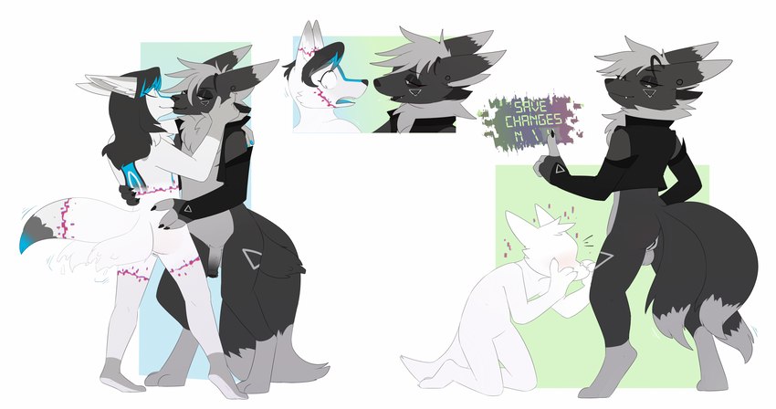 anthro attribute_theft balls black_hair blue_highlights blush butt duo eyeless featureless_face female genitals hair herm highlights_(coloring) intersex mouthless null penis pussy transformation fauvfox tri_(renamontri) canid canine fox mammal hi_res