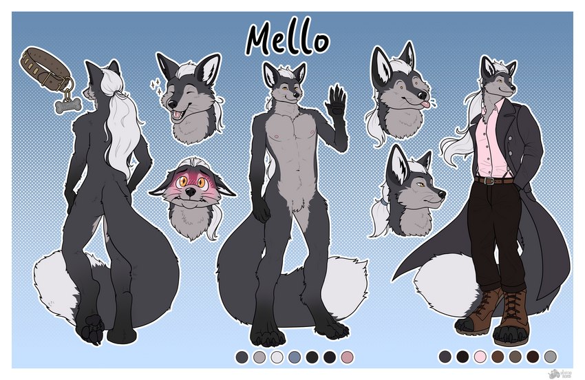 4_toes 5_fingers anthro digitigrade feet fingers hair male ponytail solo tail toes shoes_(artist) mello canid canine fox mammal absurd_res hi_res model_sheet