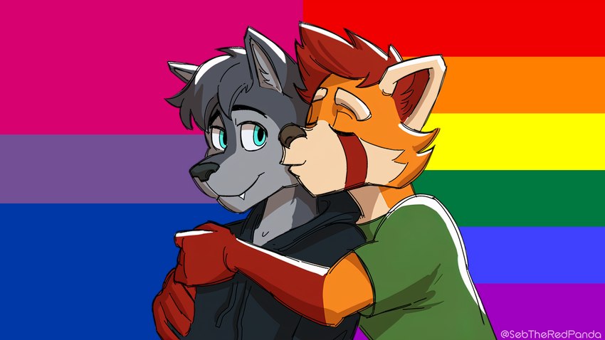 anthro bisexual_pride_colors black_clothing black_hoodie black_nose black_topwear clothing duo eyes_closed fur green_clothing green_shirt green_topwear grey_body grey_fur grey_hair hair hoodie kissing lgbt_pride male male/male orange_body orange_fur pride_color_background pride_colors rainbow_background rainbow_pride_colors rainbow_symbol red_body red_fur shirt simple_background six-stripe_rainbow_pride_colors smile t-shirt tan_body tan_fur teeth_showing topwear sebtheredpanda seb_the_red_panda zach_the_wolf ailurid canid canine canis mammal red_panda wolf 16:9 4k absurd_res hi_res widescreen