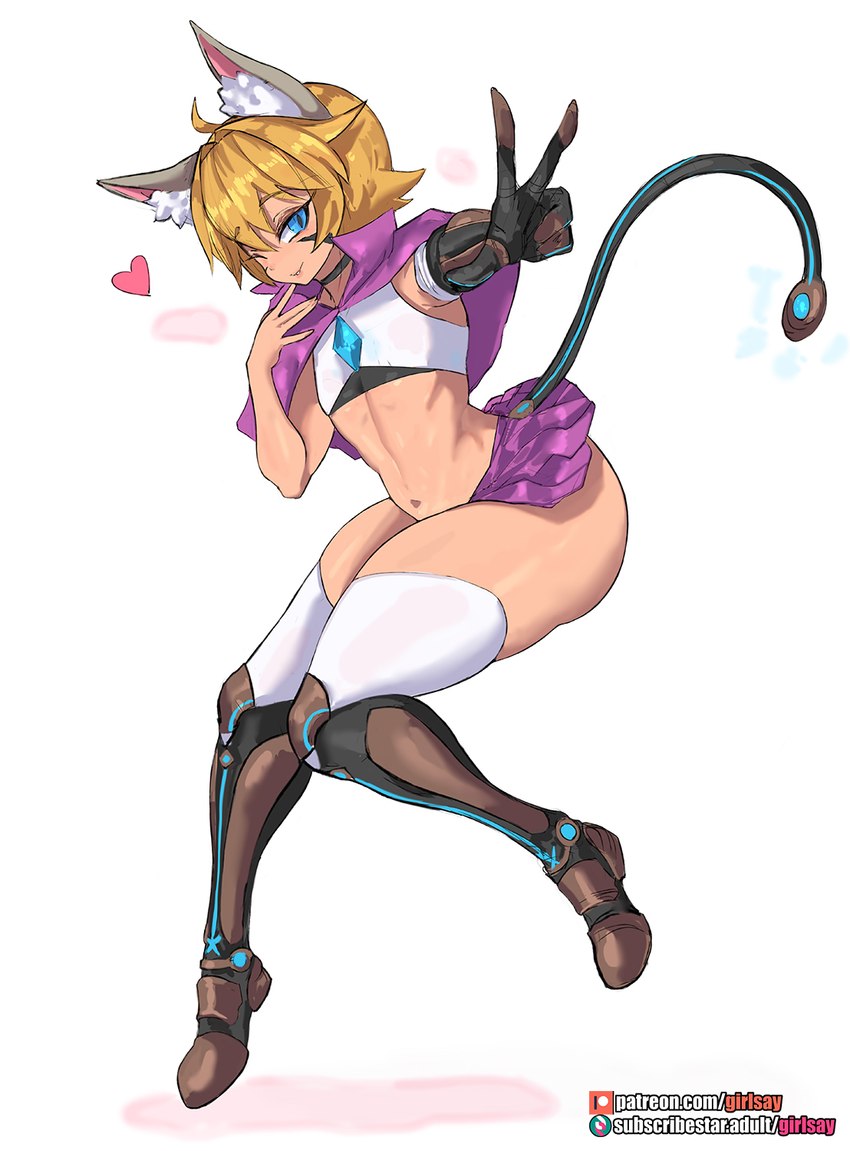 biped blonde_hair blue_eyes bottomwear clothed clothing female hair legwear looking_at_viewer miniskirt not_furry one_eye_closed skirt smile solo thick_thighs thigh_highs wink girlsay animal_humanoid cat_humanoid felid felid_humanoid feline feline_humanoid humanoid mammal mammal_humanoid 2024 hi_res