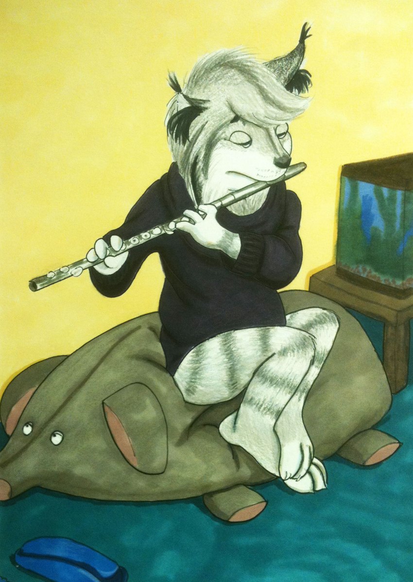 anthro aquarium black_clothing black_sweater black_topwear claws clothed clothing cowl_neck_sweater eyes_closed feet_crossed female fish_tank flute fur hair inner_ear_fluff looking_down markings multicolored_body multicolored_fur multicolored_hair musical_instrument partially_clothed paws playing_flute playing_music plushie sitting solo striped_body striped_fur striped_markings stripes sweater topwear tuft vivarium wind_instrument woodwind_instrument young christaphorac felid feline lynx mammal absurd_res hi_res traditional_media_(artwork)