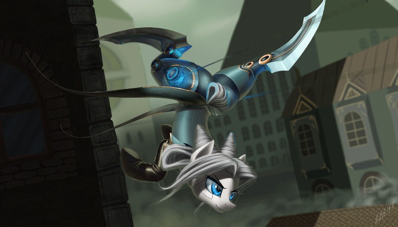 blue_eyes day detailed_background eyelashes female feral hair hooves outside smile solo white_hair zigword hasbro league_of_legends my_little_pony riot_games tencent camille_(lol) equid mammal crossover hi_res