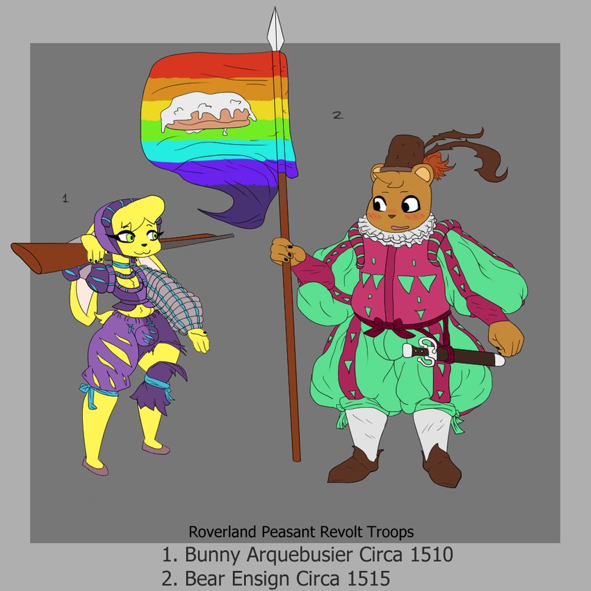 anthro blush brown_body brown_fur clothed clothing codpiece crest_(heraldry) duo fictional_flag flag fur green_clothing gun heraldry humor landsknecht larger_male lore male male/male medieval_clothing melee_weapon multicolored_clothing musket pink_clothing polearm purple_clothing rainbow_flag rainbow_symbol ranged_weapon renaissance rifle short_sword size_difference smaller_male spear standing sweetroll symbol torn_clothing two_tone_clothing weapon yellow_body yellow_fur galgano caspar_(discopawbs) bear brown_bear domestic_rabbit lagomorph leporid lop_rabbit mammal oryctolagus rabbit ursine 1:1