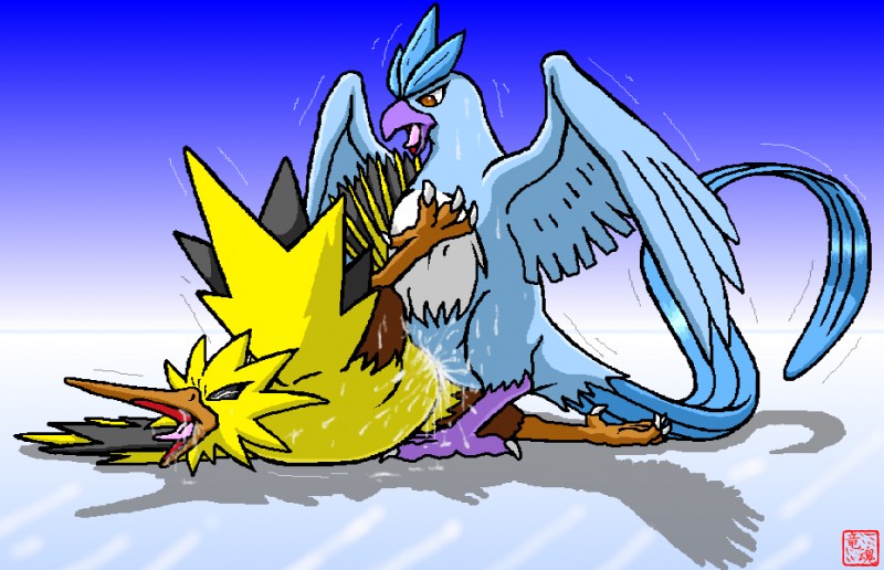 ambiguous_gender beak blue_body blue_feathers bodily_fluids cum cum_inside drooling duo feathers feral genital_fluids ice messy open_mouth saliva saliva_string sex simple_background sweat tongue tongue_out dragon_soul_e nintendo pokemon articuno avian bird generation_1_pokemon legendary_pokemon pokemon_(species) zapdos