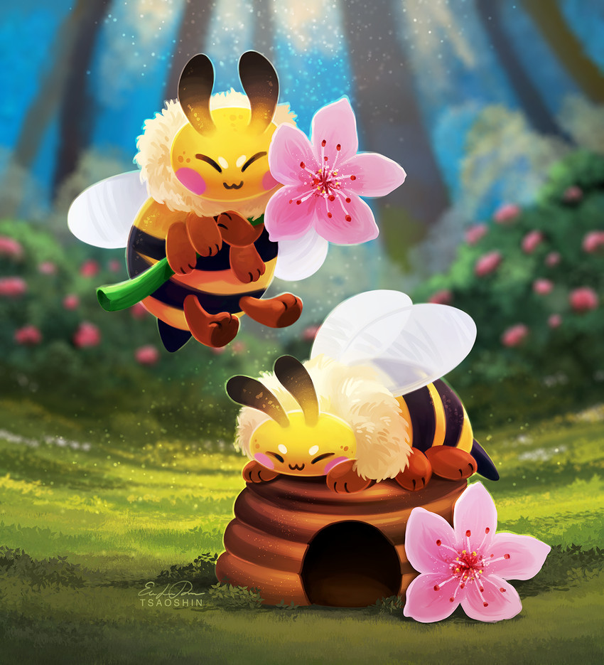 ambiguous_gender cherry_blossom duo feral flower hive plant prunus_(flower) shrub tsaoshin arthropod bee hymenopteran insect digital_media_(artwork) digital_painting_(artwork) hi_res painting_(artwork)