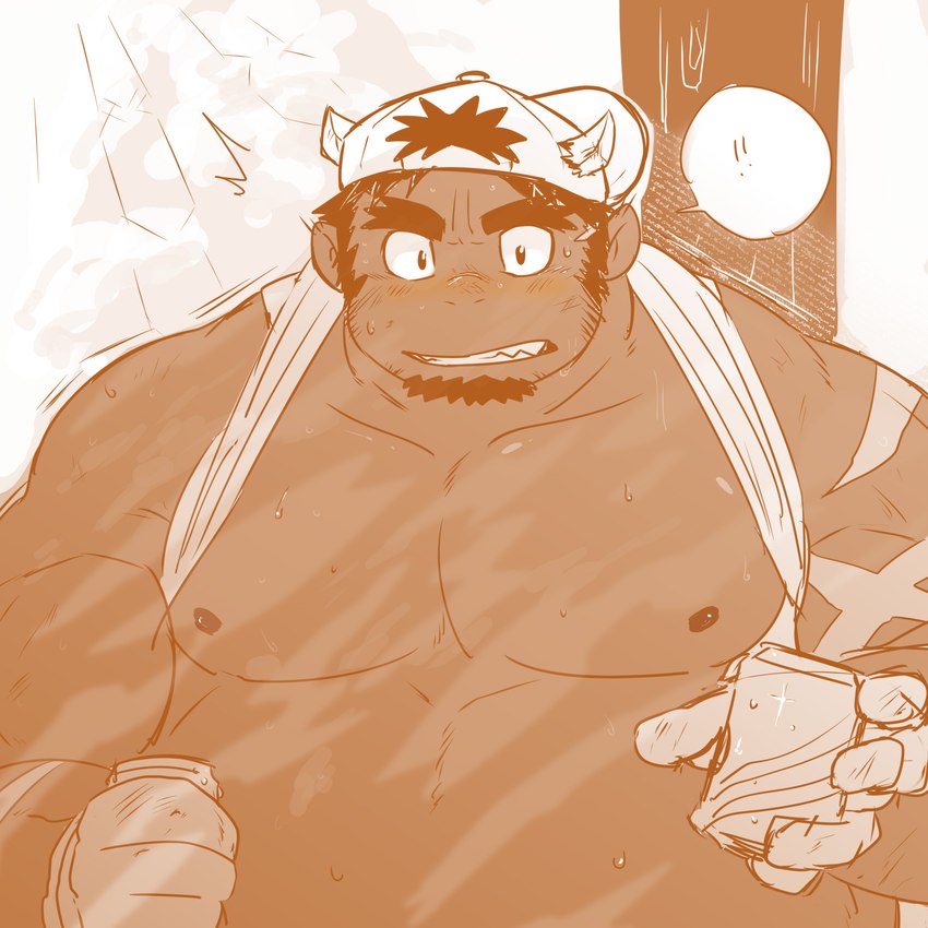 beverage_can blush clothed clothing clothing_lift facial_hair gloves goatee handwear hat headgear headwear horn male musclegut muscular muscular_arms muscular_male nipples shirt shirt_lift shirt_pulled_up sideburns tank_top topwear moku_nameko lifewonders tokyo_afterschool_summoners tetsuox_(tas) animal_humanoid bovid bovid_humanoid horned_humanoid humanoid mammal mammal_humanoid 1:1 hi_res