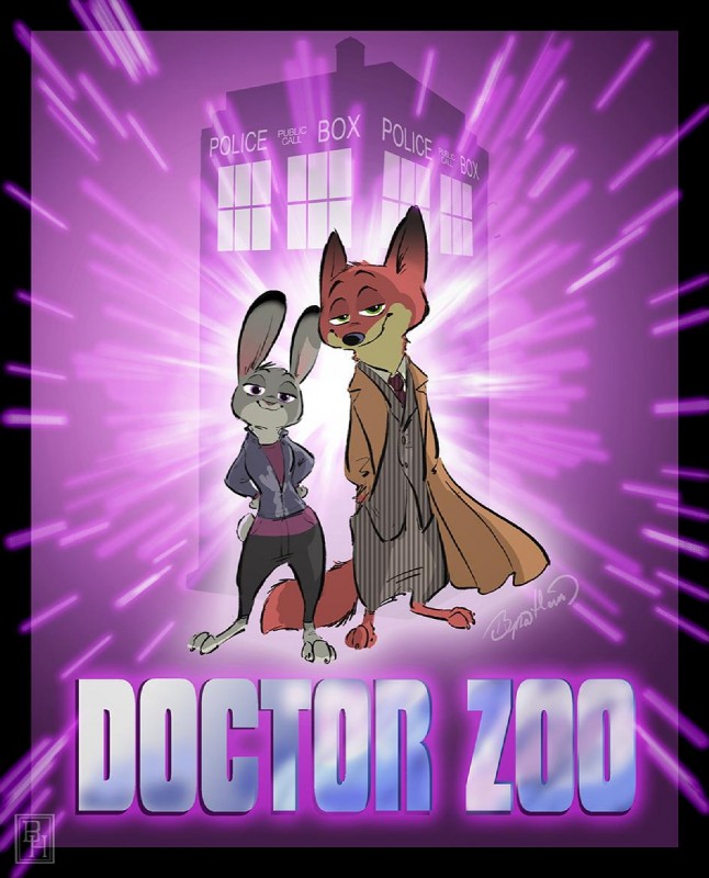 anthro barefoot black_border border clothed clothing coat cosplay dipstick_ears duo ear_markings feet fully_clothed fur grey_body grey_fur half-closed_eyes multicolored_ears narrowed_eyes orange_body orange_fur purple_eyes smile standing tardis topwear byron_howard british_broadcasting_corporation disney doctor_who zootopia judy_hopps nick_wilde rose_tyler tenth_doctor the_doctor_(doctor_who) canid canine fox lagomorph leporid mammal rabbit red_fox true_fox 2015 crossover official_art