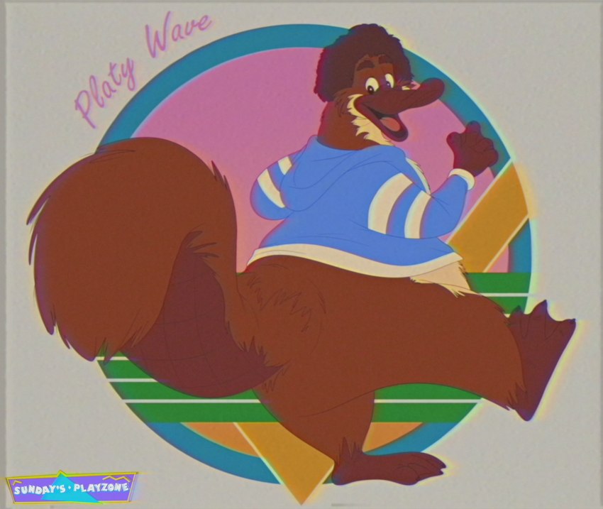 abstract_background afro anthro beak brown_body brown_fur clothed clothing dancing feet fur hoodie looking_back male membrane_(anatomy) open_mouth partially_clothed platypus_tail solo tan_body tan_fur text toes tongue topwear vaporwave webbed_feet coast_(artist) sundaysplayzone human mammal monotreme platypus english_text hi_res