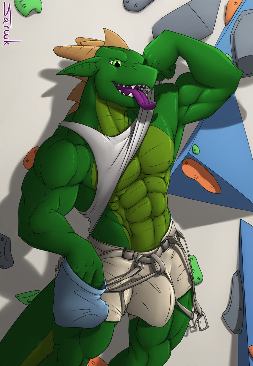 abs anthro biceps big_bulge bulge climbing_wall detailed_bulge flexing genital_outline male muscular muscular_male pecs penis_outline rock_climbing safety_harness solo tail tongue tongue_out saruuk sar lizard reptile scalie 2022 hi_res