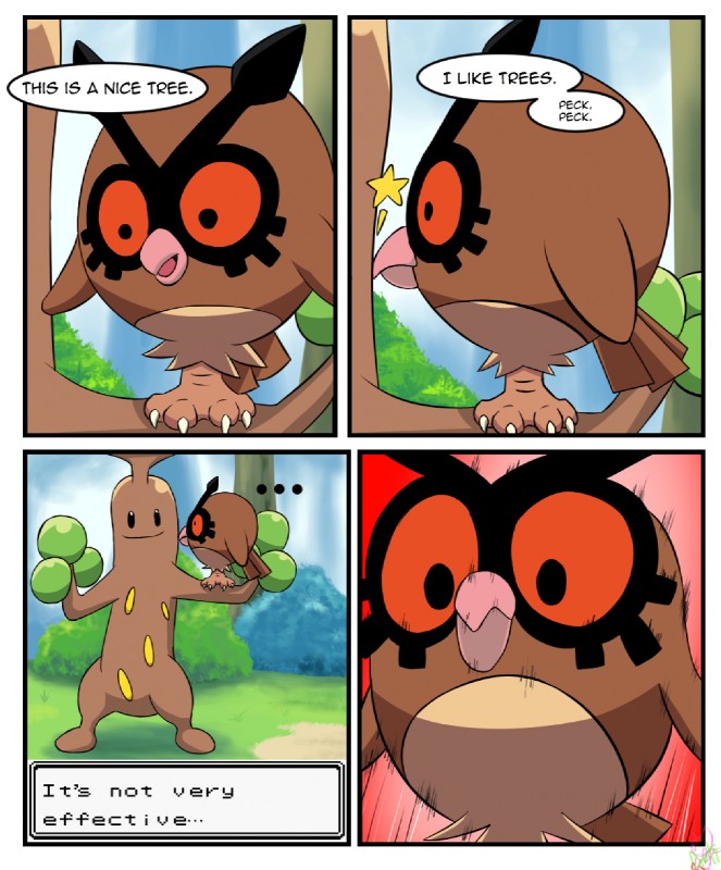 4_toes ambiguous_gender anthro beak black_eyes brown_body brown_feathers ellipsis feathers feet feral humor pecking pink_beak red_eyes semi-anthro star text toes arti4000 nintendo pokemon generation_2_pokemon hoothoot pokemon_(species) sudowoodo 2018 comic digital_drawing_(artwork) digital_media_(artwork) english_text hi_res