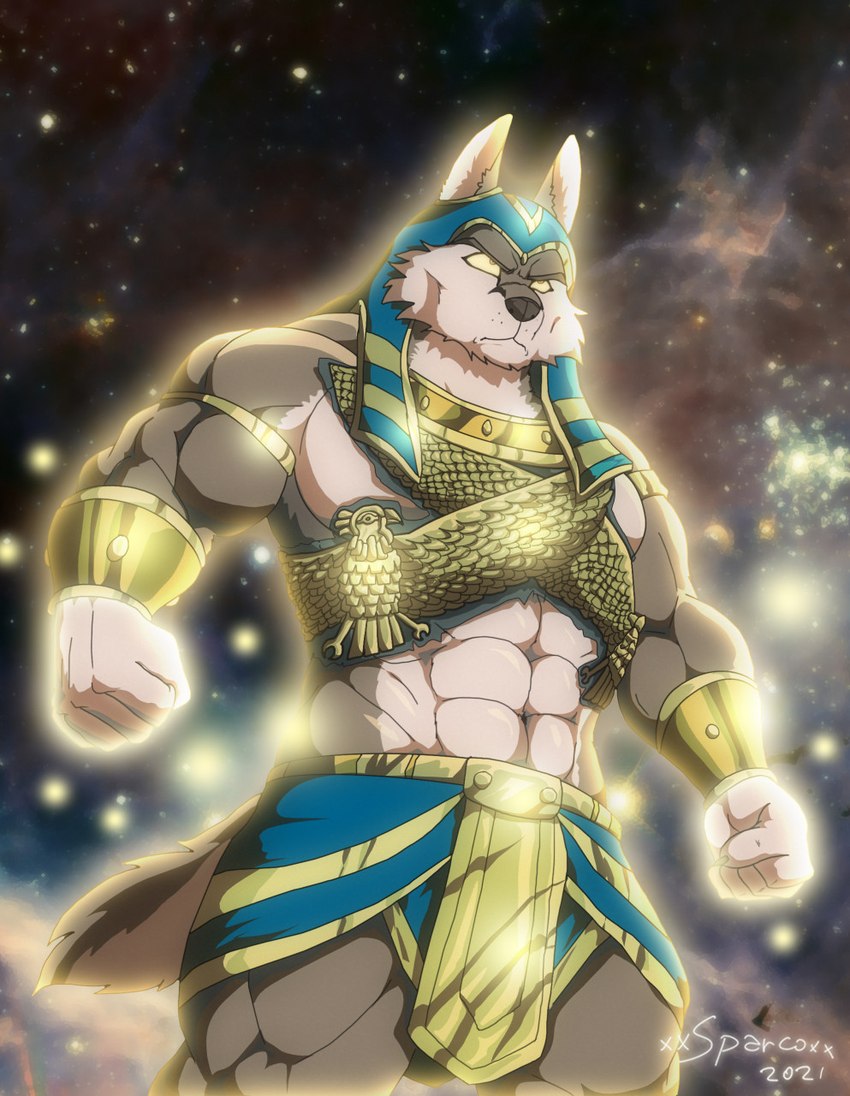 abs anthro armor bottomwear bracers brown_body brown_fur clothing egyptian egyptian_belt egyptian_clothing egyptian_headdress fur glowing male muscular muscular_anthro muscular_male solo xxsparcoxx egyptian_mythology middle_eastern_mythology mythology wepwawet wepwawet_(xxsparcoxx) canid canine canis mammal wolf 2021 artist_name digital_media_(artwork) hi_res