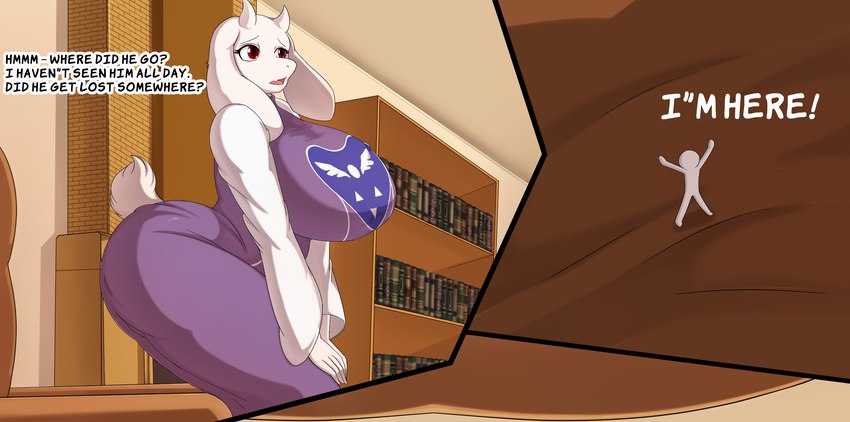 anthro big_breasts book bookshelf breasts clothed clothing detailed_background dialogue extreme_size_difference eyelashes female fur furniture imminent_butt_crush larger_female mature_female micro oblivious pupils purple_clothing shadow size_difference text thick_thighs white_body white_fur son2j undertale_(series) toriel bovid caprine human mammal hi_res