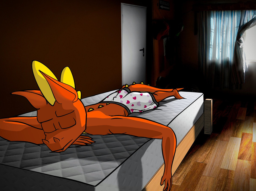 anthro clothing male orange_body orange_skin sleeping solo tail underwear mreidu mythology spyke_(laspyke) dragon mythological_creature mythological_scalie scalie hi_res