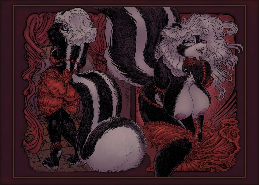 anthro areola bed big_breasts big_butt biped black_body black_fur breasts butt chest_tuft curtains detailed_background female fluffy fluffy_tail fur furniture hair leaning leaning_forward looking_at_viewer looking_back nipples open_mouth presenting presenting_breasts rear_view sleepwear smile solo standing tail tuft white_body white_fur white_hair lachland-nightingale mammal mephitid skunk hi_res mixed_media model_sheet