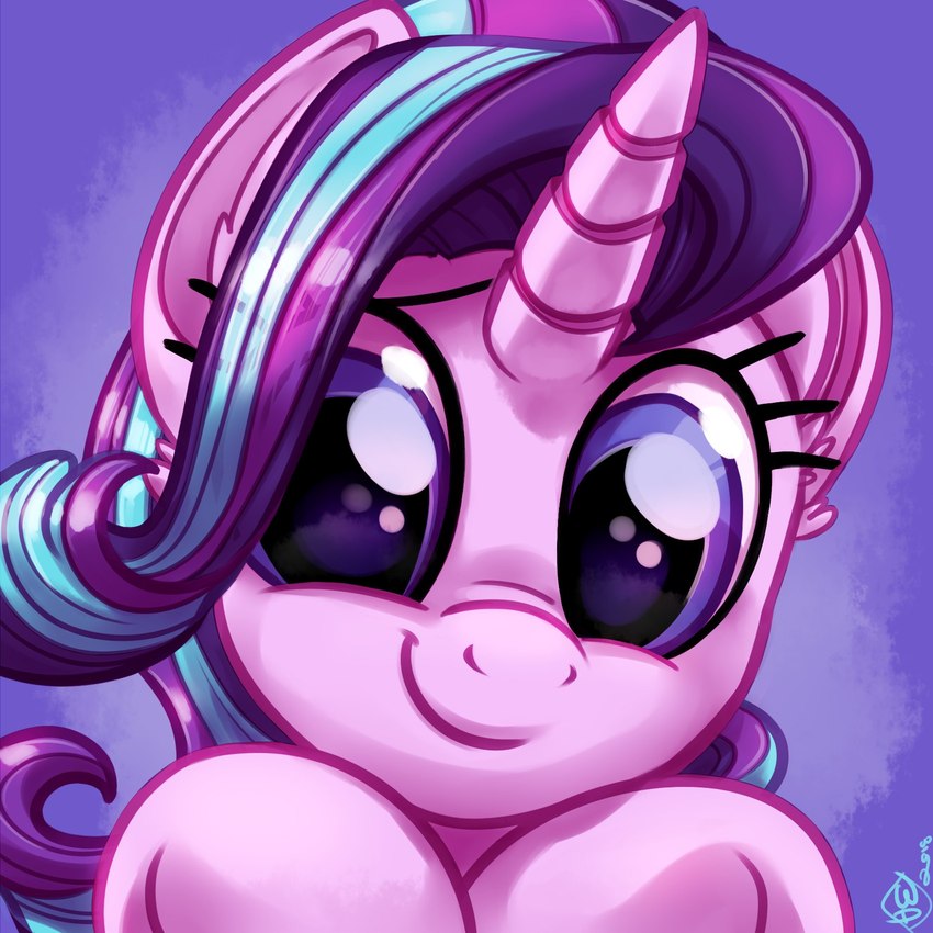 big_eyes blue_eyes eyelashes female feral fur hair happy horn long_hair multicolored_hair pink_body pink_fur purple_hair smile solo two_tone_hair unicorn_horn whitediamonds friendship_is_magic hasbro my_little_pony mythology starlight_glimmer_(mlp) equid equine mammal mythological_creature mythological_equine unicorn 1:1 2018 bust_portrait digital_media_(artwork) hi_res portrait signature