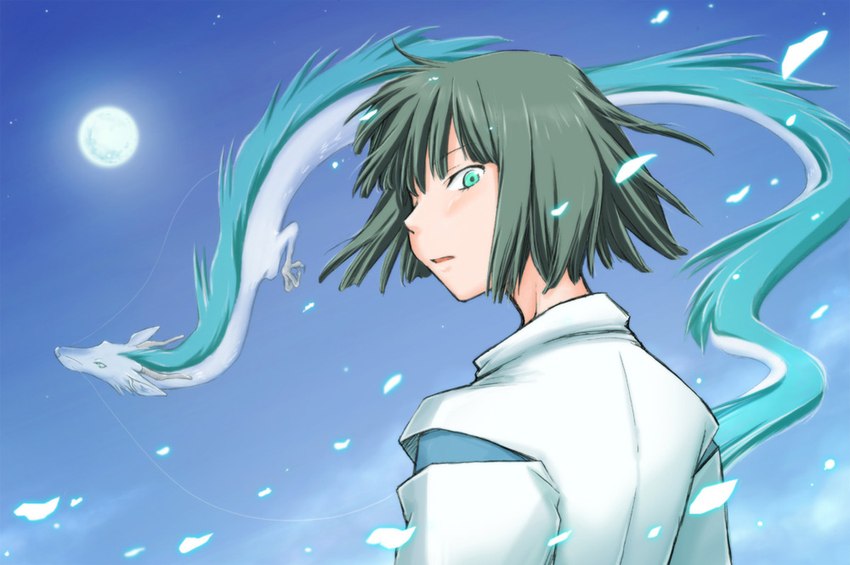 clothing feral looking_at_viewer male moon open_mouth sky solo tail soukosouji ghibli mythology spirited_away haku_(spirited_away) dragon human mammal mythological_creature mythological_scalie scalie 2011