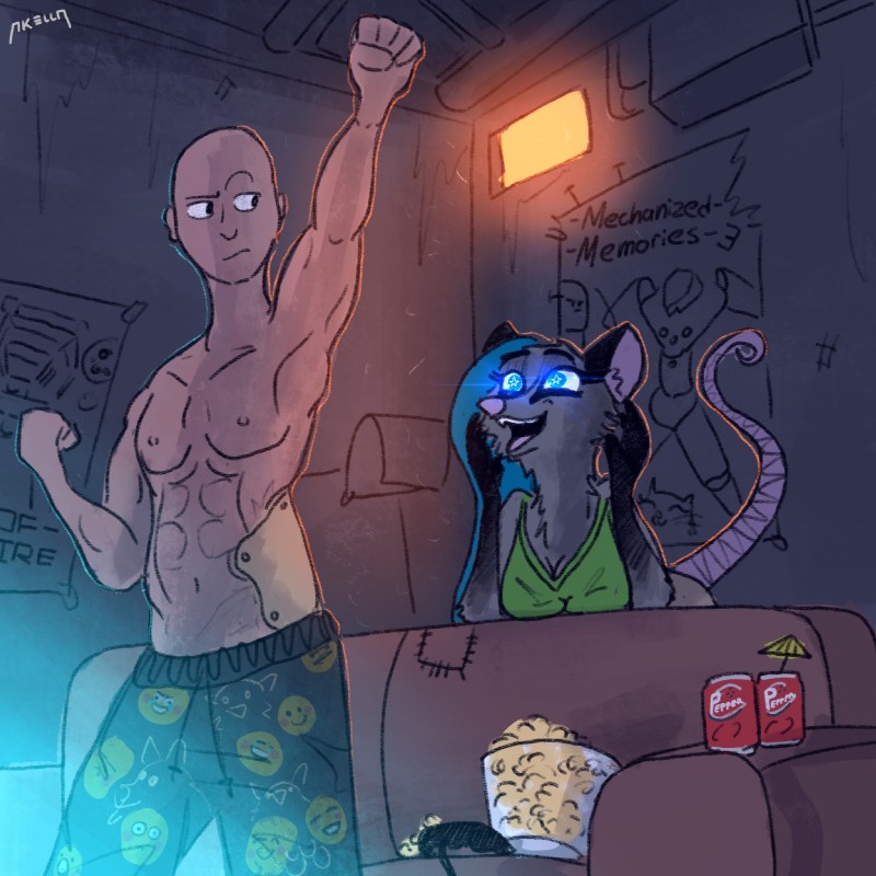 anthro bald beverage blue_eyes blue_hair breasts brown_body brown_fur clothed clothing cybernetics duo female food fur furniture hair human_on_anthro interspecies long_hair machine male male/female muscular null popcorn pupils short_stack soda sofa star_pupils symbol-shaped_pupils topless unusual_pupils akella acid_rain star_dismond american_opossum human mammal marsupial virginia_opossum 1:1 2018 hi_res