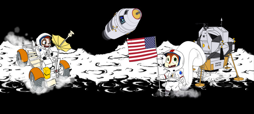 american_flag anthro astronaut behind_glass buckteeth clothing driving environmental_suit flag flag_(object) glass group holding_flag holding_object lunar_lander open_mouth outside planetary_rover space spacecraft spacesuit standing teeth tire tongue trio united_states_of_america vehicle white_clothing window halcy0n mammal rodent sciurid 2020 hi_res