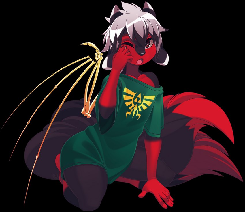 5_fingers anthro black_body black_fur eyebrows eyelashes fingers fur hair kneeling male red_body red_eyes red_fur solo tail white_hair rudragon ryuu_(shadoweddraco) 2022 alpha_channel digital_media_(artwork)