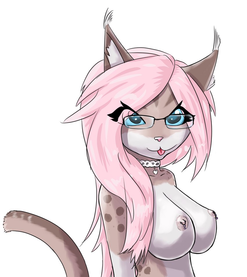 anthro belly big_breasts blue_eyes breasts collar ear_tuft eyewear female fur glasses jewelry markings necklace nipple_piercing nipples piercing simple_background smile solo spots spotted_body spotted_fur tongue tongue_out tuft white_background white_belly fluorite domestic_cat felid feline felis mammal absurd_res hi_res