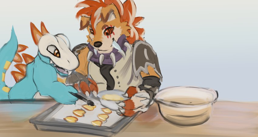 baking clothed clothing cookie cooking duo food nim_(lost_in_chaos) teaching rdy zgf_art lost_in_chaos_scar nintendo pokemon chomper_(lost_in_chaos) fan_character nim_(razim) fuecoco generation_2_pokemon generation_7_pokemon generation_9_pokemon hybrid lycanroc midnight_lycanroc pokemon_(species) totodile 2024 hi_res