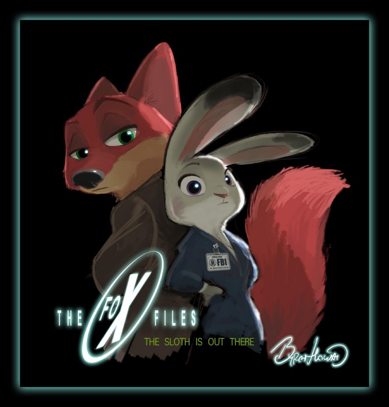 anthro clothed clothing cosplay crossover_cosplay duo female green_eyes humor long_ears looking_at_viewer male pun purple_eyes byron_howard disney the_x-files zootopia dana_scully fox_mulder judy_hopps nick_wilde canid canine european_rabbit fox lagomorph leporid mammal oryctolagus rabbit red_fox true_fox crossover hi_res