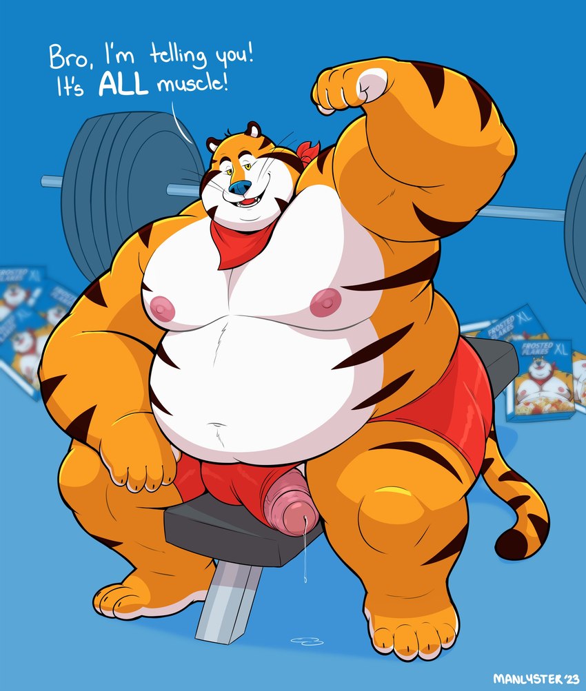 anthro blue_nose bodily_fluids bottomwear clothing genital_fluids genitals male mascot moobs nipples obese obese_male overweight overweight_male penis precum shorts sitting solo manlyster frosted_flakes kellogg's tony_the_tiger felid mammal pantherine tiger 2023 absurd_res hi_res