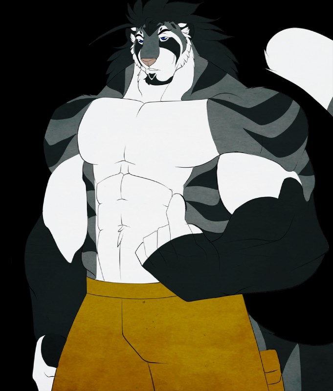 abs anthro athletic beard biceps big_muscles biped black_body black_fur black_hair blue_eyes bottomwear clothed clothing facial_hair flexing fur grey_body grey_fur hair male markings muscular muscular_anthro muscular_male pants pecs pink_nose pose solo standing stripes teeth topless tuft white_body white_fur dazen_cobalt dazen_(character) felid mammal pantherine tiger alpha_channel