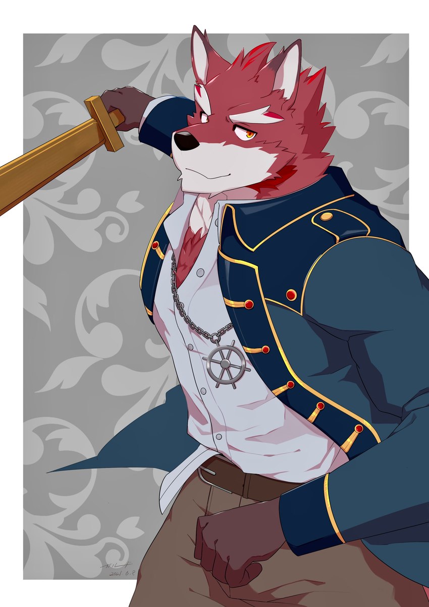 anthro body_hair chest_hair chest_tuft clothing fur male mature_male melee_weapon muscular muscular_anthro red_body red_fur solo sword teacher tuft uniform weapon galoud knights_college diederich_olsen canid canine mammal absurd_res hi_res