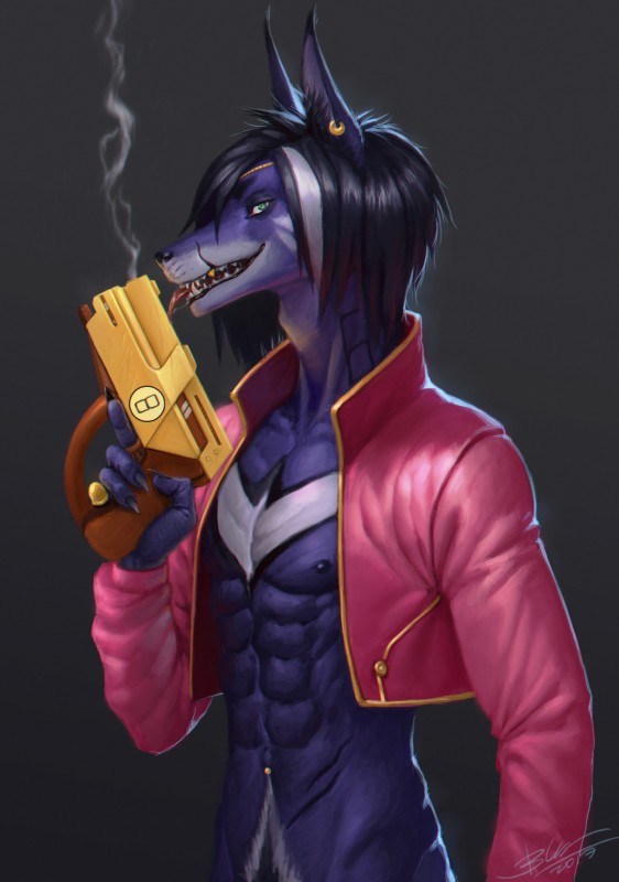 abs anthro clothed clothing gun handgun jacket looking_at_viewer male muscular muscular_anthro muscular_male nipples open_clothing open_jacket open_topwear piercing pistol ranged_weapon scar smile solo tongue tongue_out topwear weapon daryabler canid canine mammal absurd_res hi_res