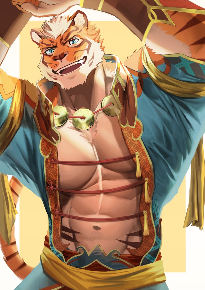 abs anthro blue_eyes clothed clothing countershading fur male muscular muscular_anthro muscular_male pecs solo stripes tokuni nekojishi studio_klondike lin_hu felid mammal pantherine tiger 2021 absurd_res hi_res