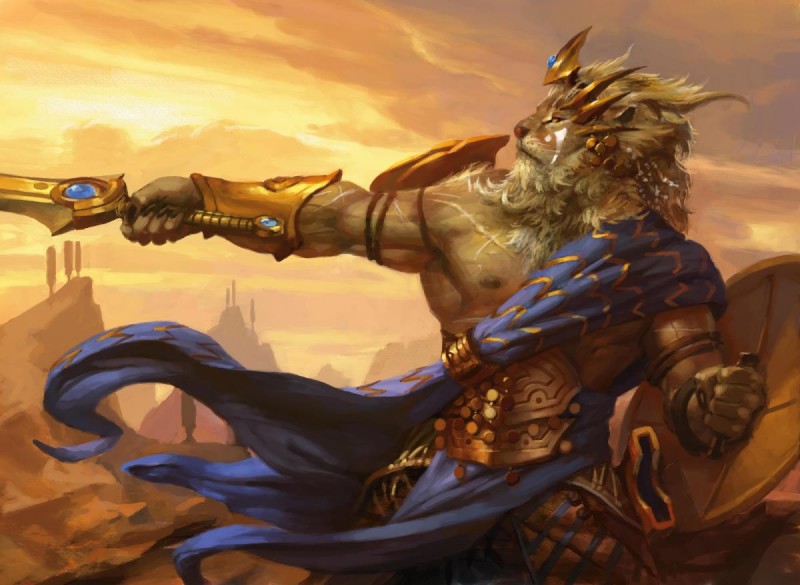 action_pose anthro armor beard belt biceps biped blonde_hair bottomwear cape claws clothed clothing cloud crown detailed_background facial_hair front_view fur gauntlets gloves hair handwear headgear holding_melee_weapon holding_object holding_sword holding_weapon jewelry king loincloth long_hair male mane melee_weapon muscular muscular_anthro muscular_male nipples outside plant pose raised_arm royalty scar shield sky solo standing sunset sword topless tree vein warrior weapon whiskers yellow_body yellow_eyes yellow_fur peter_mohrbacher hasbro magic:_the_gathering wizards_of_the_coast brimaz catfolk felid human leonin mammal pantherine 2014 detailed digital_media_(artwork) official_art restricted_palette