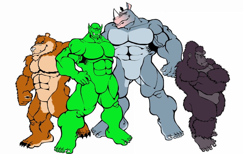 anthro black_body black_fur brown_body brown_fur featureless_chest featureless_crotch fur green_body green_skin grey_body grey_skin group male muscular muscular_anthro muscular_male nude tomcat_(artist) bruno_rhynox burf_bear gor_(tomcat) trassk ape bear brown_bear gorilla grizzly_bear haplorhine humanoid mammal orc primate rhinoceros ursine flat_colors unfinished