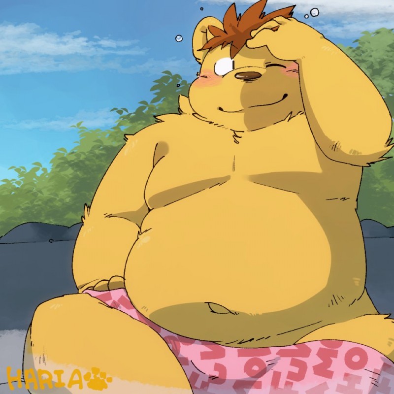 anthro belly biped blush clothing male moobs navel one_eye_closed outside overweight overweight_anthro overweight_male sitting solo underwear wink green_bell inakamichi bear mammal 1:1 2019