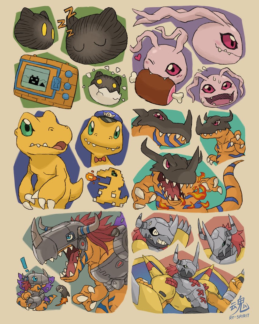 anthro armor eating egg evolutionary_family food green_eyes group hatching horn male meat metal orange_body yellow_body ry-spirit bandai_namco digimon agumon digimon_(species) dinosaur greymon koromon metalgreymon prehistoric_species reptile scalie waddling_head wargreymon