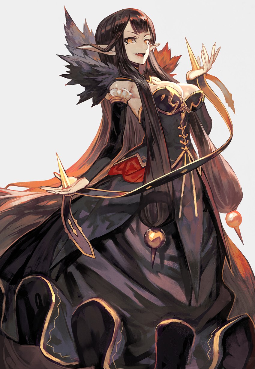 5_fingers black_clothing black_dress black_hair clothing dress female fingers fur_trim_(clothing) hair humanoid_pointy_ears long_hair looking_aside open_mouth simple_background solo white_background yellow_eyes lalalalack fate_(series) type-moon semiramis_(fate) humanoid 2018 digital_media_(artwork) hi_res