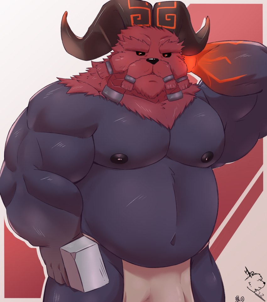 2_horns >:( anthro areola arm_tuft beard belly big_beard big_mustache biped black_areola black_body black_horn black_nipples black_nose black_sclera black_skin blacksmith body_hair bottomwear bovid_horn braided_beard braided_mustache broad_shoulders burly caprine_horn chest_hair chest_tuft closed_frown clothed clothing curled_horn dark_areola dark_body dark_horn dark_nipples dark_nose dark_skin eyebrows facial_hair facial_tuft fur furrowed_brow glistening glistening_areola glistening_eyes glistening_nipples glistening_nose grumpy hammer hand_behind_head holding_hammer holding_object holding_tool horn horn_markings lava loincloth loincloth_only male manly markings mature_anthro mature_male monotone_beard monotone_body monotone_facial_hair monotone_fur monotone_mustache monotone_skin moobs mouth_closed multicolored_horn musclegut muscular muscular_anthro muscular_arms muscular_male mustache navel nipples no_pupils overweight overweight_anthro overweight_male pecs ram_horn red_background red_beard red_body red_eyebrows red_eyes red_facial_hair red_fur red_horn red_mustache sharp_horn shoulder_tuft simple_background solo standing stocky thick_eyebrows tools topless tuft two_tone_hands two_tone_horn white_background hfengfffff league_of_legends riot_games tencent ornn_(lol) bovid caprine demigod mammal hi_res portrait three-quarter_portrait