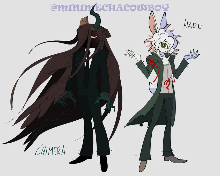 alternate_species anthro black_bottomwear black_clothing black_footwear black_necktie black_pants black_shoes black_suit bottomwear brown_hair claws clothing coat duo feathered_wings feathers female footwear fur green_clothing green_coat green_eyes green_topwear grey_clothing grey_shirt grey_topwear hair horn long_hair necktie one_eye_obstructed pants pink_inner_ear red_eyes shirt short_hair short_tail shows simple_background standing straight_hair suit tail topwear white_background white_body white_fur white_hair white_sclera wings minimechacowboy danganronpa_2 izuru_kamukura nagito_komaeda chimera lagomorph leporid mammal rabbit absurd_res digital_media_(artwork) hi_res watermark
