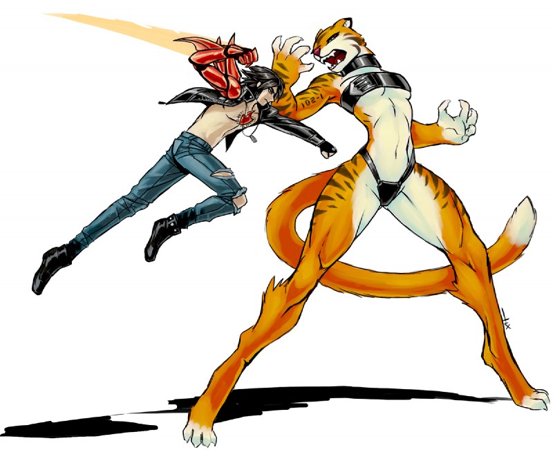 action_pose anthro athletic attack battle bottomwear breasts clothed clothing denim denim_bottomwear denim_clothing digitigrade duo fangs female fight jacket jeans larger_anthro larger_female leather leather_clothing leather_jacket leather_topwear male medium_breasts pants pose simple_background size_difference smaller_human smaller_male stripes tattoo teeth topwear torn_clothing under_boob white_background yellow_eyes luigiix wild_(ionic44) felid human mammal pantherine tiger