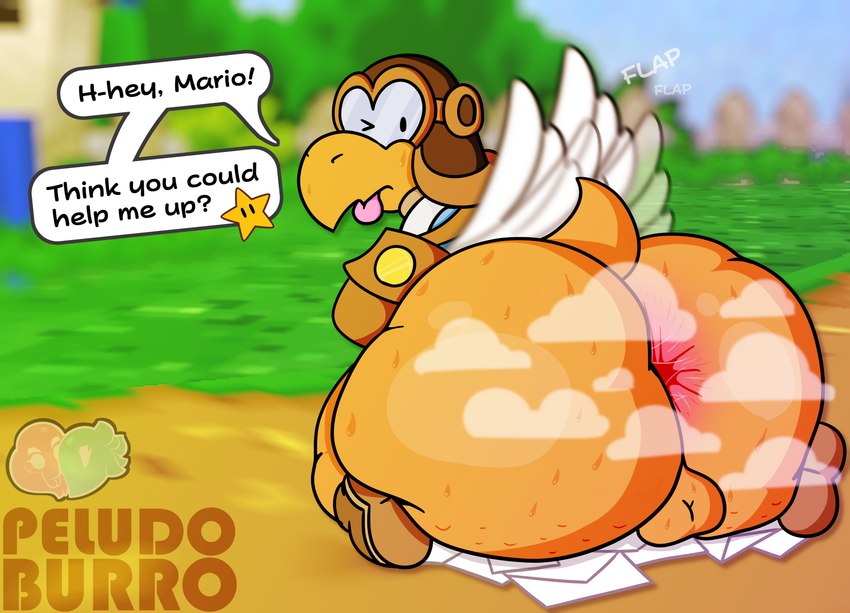 anthro anus balls big_butt boots butt butt_focus clothing day dialogue eyewear footwear gaping gaping_anus genitals goggles kneeling looking_back mail mailbag male musk one_eye_closed outside rear_view shoes tail text thick_thighs tongue tongue_out white_wings wings pelnsfw mario_bros nintendo paper_mario parakarry koopa koopa_paratroopa koopa_troopa reptile scalie turtle 2024 absurd_res digital_drawing_(artwork) digital_media_(artwork) english_text hi_res signature